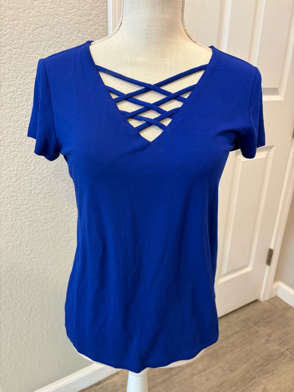 INC International Concepts Short Sleeve Crisscross V-Neck Top - Royal Blue